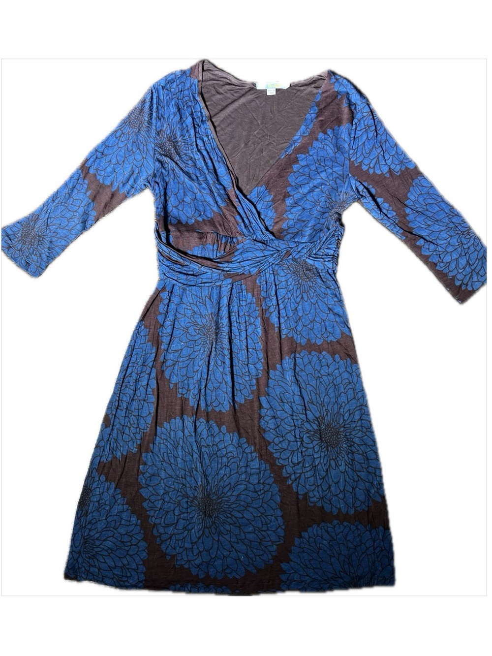 Boden Blue and Brown Floral Jersey Wrap Dress Crossover V-Neck Ruched Waist 12
